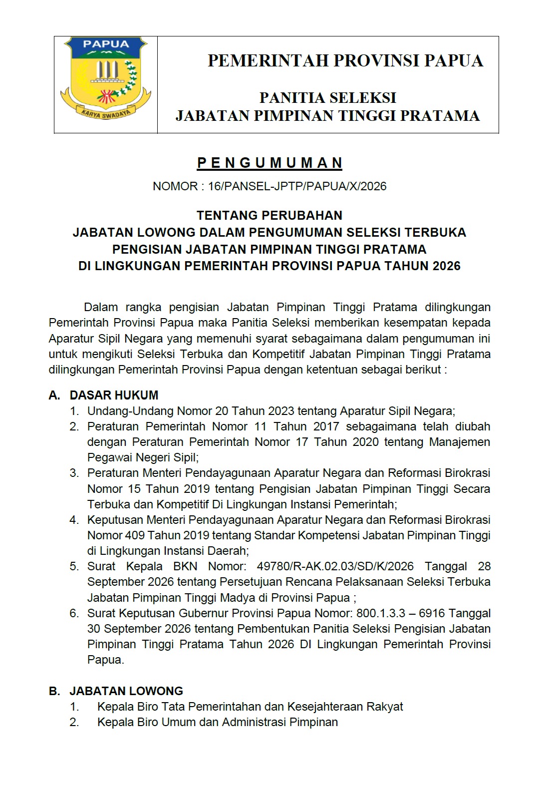 Pengumuman Seleksi terbuka  Jabatan Pimpinan Tinggi Pratama (JPTP) Provinsi Papua Tahun 2026